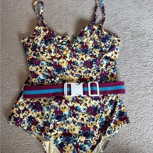 Floral Yellow One-Piece Swimsuit with Burgundy & Teal Belt